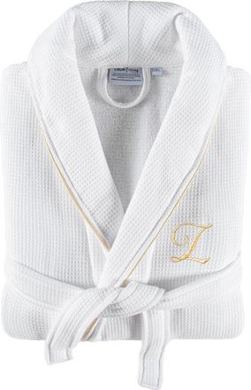 Linum Home Textiles Hotel Monogram Turkish Cotton Waffle Terry Bathrobe With Satin Piped Trim (A-Z) In Large/Extra Large