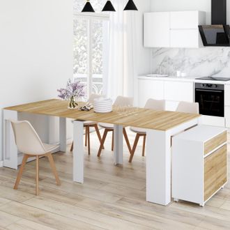 IDMarket Mesa Buffet Extensible Orlando, 10 Personas, 235 Cm, Madera Blanca Y Chapado De Haya