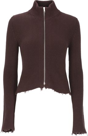 Maison Margiela Mahogany Brown Cotton Ribbed High Neck Zip Cardigan