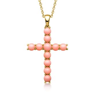 Ross-Simons Pink Coral Cross Pendant Necklace in 18kt Gold Over Sterling