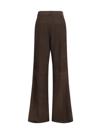 Rick Owens Womens Wide-Leg Suede Pants Grease Calf Leather Trousers