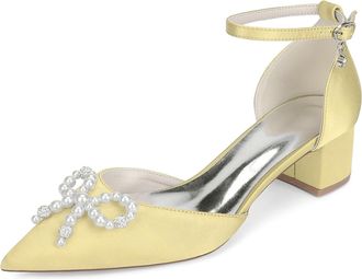 Generic Women Satin Bridal Shoes Pointed Toe Low Chunky Heels Pearls Pumps Wedding Shoes Evening Party Dress Shoes 4.5Cm,Yellow,10 UK