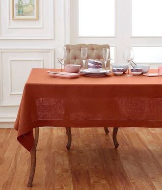 Solino Home Linen Tablecloth for Dining Table, Holiday and Everyday Dining Table Decor - Classic Hemstitch in Cinnamon at Nordstrom, Size 3X-Large
