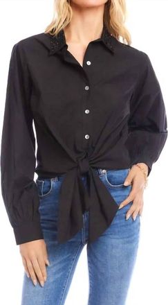 Karen Kane Leslie Long Sleeve Embellished Collar Tie-Front Top In Black