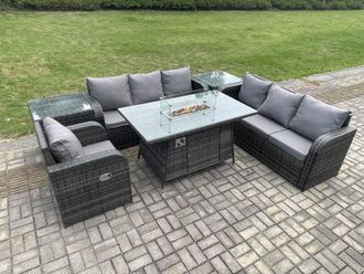 Fimous Rattan Outdoor Furniture Gas Fire Pit Dining Table Gas Heater Reclining Chair 3 Seater Sofa Sets with 2 Side Tables 7 Seater in Dark Grey