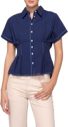 Melloday Godet Short Sleeve Button-Up Shirt in Navy at Nordstrom Rack, Size X-Small