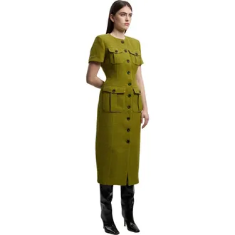 Karen Millen Textured Tweed Tailored Midi Dress in Olive at Nordstrom, Size 10