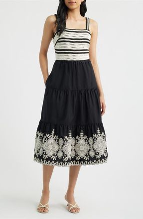 Eliza J Crochet Embroidered Midi Sundress in Nat Black at Nordstrom, Size 16