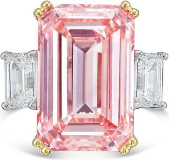 Diana M. Jewels 18kt Yellow gold Lab grown 12ct Fancy pink emerald diamond ring with emerald diamonds on the side and micropave band