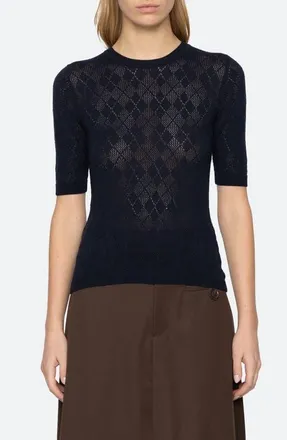 Sea New York Jane Argyle Short Sleeve Crewneck Sweater in Navy at Nordstrom, Size Xx-Small