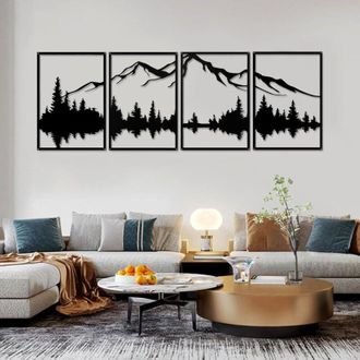 OEM Juego De 4 Decoraciones De Pared De Metal Negro, Decoraci&oacute;n De Pared De Metal Con Dise&ntilde;o De Bosque De Monta&ntilde;a, Arte De Pared De Metal Para Sala De Est
