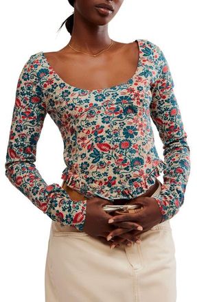 Free People Melanie Floral Long Sleeve Crop Shirt in Sand Combo at Nordstrom, Size X-Large