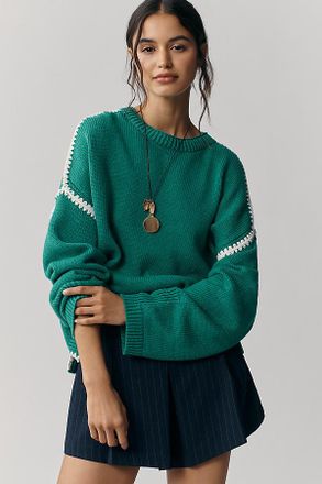 Maeve Long-Sleeve Crew-Neck Whipstitch Sweater