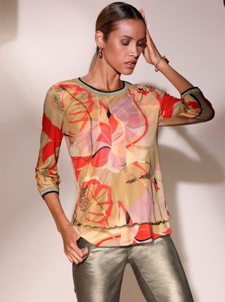 Cr&eacute;ation L Print-Shirt CREATION L Mesh-Shirt, Damen, Gr. 36, beige (beige, apricot, bedruckt), 95% Viskose, 5% Elasthan, Netzware:4% Elasthan, 96% Polyester, bed