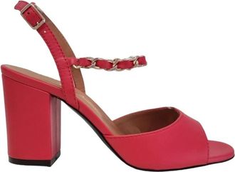 Via Roma 15 Koraalrode leren ketting sandalen - Dames - Sandalen met hakken - Rood - 40 EU - Leer - Schoenen