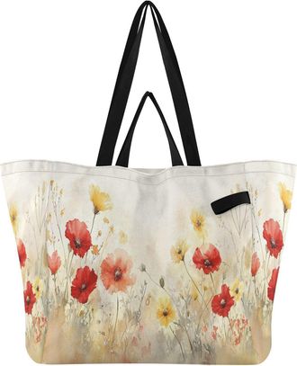 Generic Red Flower Beige print Reusable Canvas Tote Bag, Heavy Duty Grocery Shopping Bag with Double Handles Hard Bottom Large Capacity Work Groceries Travel