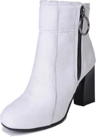Generic Womens Ankle Boots Suede Leather Side Zip O-Ring Detail Block Heels Round Toe Comfortable Non Slip Durable for Daily Wear Party Street Fashion,White,7