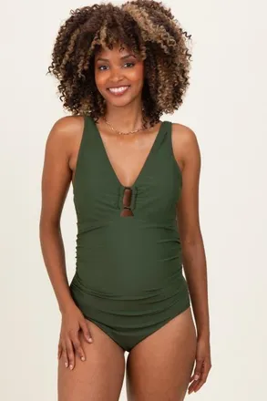 Pinkblush Keyhole Ruched One Piece Swimsuit in Olive Green at Nordstrom, Size Small