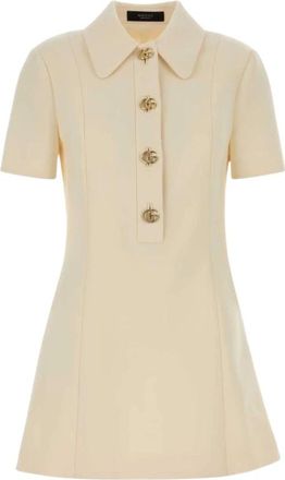 Gucci Cr&ecirc;pe wollen jurk met Double G knoop - Dames - Shirt Kleedjes - Beige - M - Wol - Kleedjes