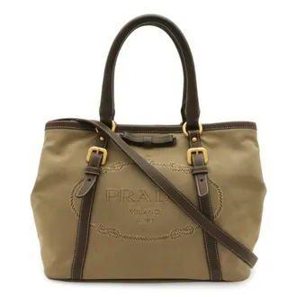 Prada Beige Brown Khaki Canvas Leather Handbag Shoulder Bag Tote Bag (Pre-Owned)