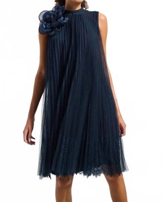 Joseph Ribkoff Mesh And Lace A-Line Dress With Organza Flower In Midnight Blue