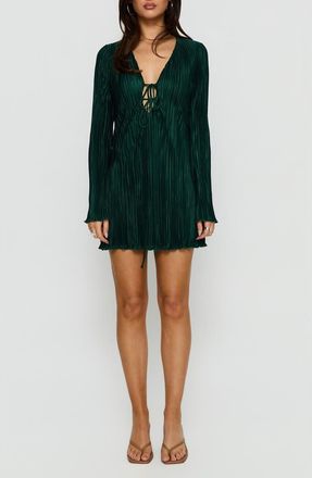 Princess Polly Malop Pliss&eacute; Long Sleeve Minidress in Emerald at Nordstrom, Size 12