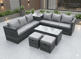 Fimous 8 Seater Rattan Corner Sofa Set With Square Side Table & Oblong Rectangular Coffee Tea Table 2 Stools in Dark Grey
