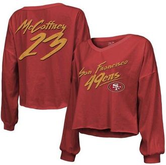 Majestic Threads Womens Majestic Threads Christian McCaffrey Scarlet San Francisco 49ers Name & Number Off-Shoulder Script Cropped Long Sleeve V-Neck T-Shirt at