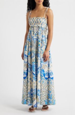 Flying Tomato Print Smocked Bodice Tie Shoulder Maxi Dress in White/Blue at Nordstrom, Size Medium