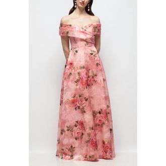 The Dessy Group Karr Floral Jacquard Off the Shoulder Organza Gown in Guava Floral Print at Nordstrom, Size 16