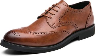 Generic Formal Shoes for Men Lace Up Burnished Round Toe Brogue Embossed Wingtip Faux Leather Slip Resistant Block Heel Anti-Slip Non Slip Prom(Brown,10.5 UK)