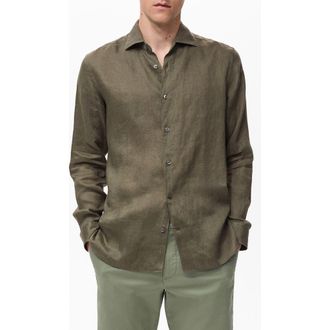 Mango Slim Fit Linen Button-Up Shirt in Khaki Green at Nordstrom, Size Xx-Large