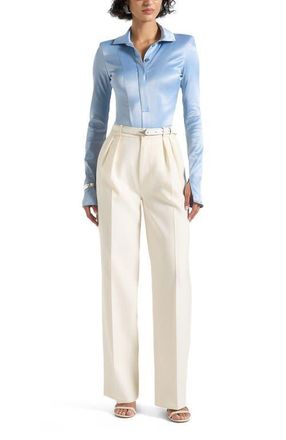 Mani&egrave;re De Voir Louise Wide Shoulder Satin Shirt Bodysuit in Pale Blue at Nordstrom, Size 2