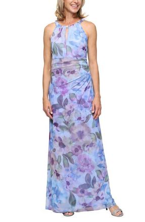 S.L. Fashions Gathered Floral Cutout Sleeveless Maxi Dress in Blue/Multi at Nordstrom, Size 6P