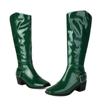 Generic Womens Knee High Riding Boots with Square Toe & Buckle - Low Block Heel, Side Zipper Design for Fashion and Events,Green,5.5 UK