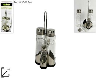 Trade Shop Trade Shop - Set De 4 Botellas Menage Para Vinagre De Aceite Salt Pepper Cap De Vidrio Dispensador De Acero