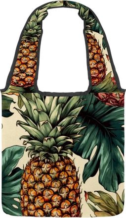 Generic Pineapple Pattern Reversible Canvas Shoulder Tote - Double-Sided Print, 12oz Cotton, 27cm Drop, Fold-Flat Bag for Travel, Shopping, Street Outings