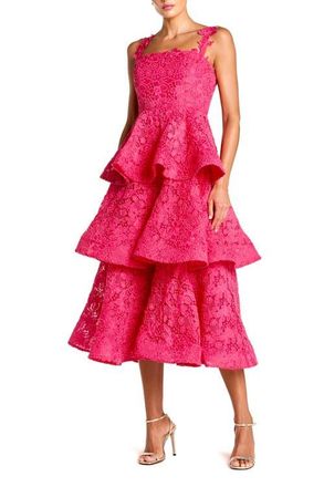 Mac Duggal Sleeveless Embroidered Lace Ruffle Midi Dress in Hot Pink at Nordstrom, Size 14