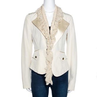 Roberto Cavalli Cream Cotton Blend Ruffle Detail Jacket