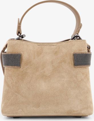 Brunello Cucinelli Womens Shoulder Bag With Monili Detail Beige Suede