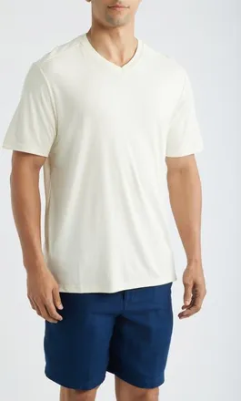 Tommy Bahama Bay Stripe IslandZone V-Neck Performance T-Shirt in Vanilla Ice at Nordstrom, Size Xxx-Large