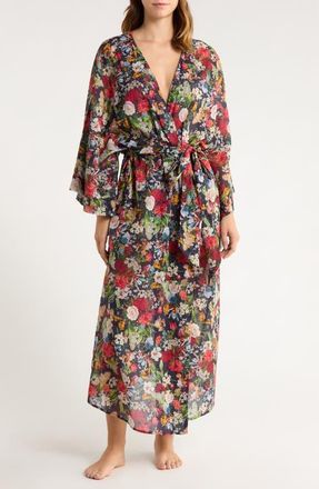 Papinelle Sleepwear Holly Floral Cotton Voile Maxi Robe in Navy at Nordstrom, Size X-Large