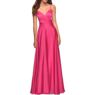La Femme Satin Hot Pink Gown with Criss-Cross Ruched Top at Nordstrom, Size 10