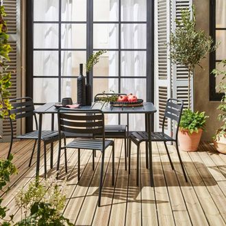 Sweeek 4-seater Rectangular Steel Garden Table With 4 Chairs in Grey