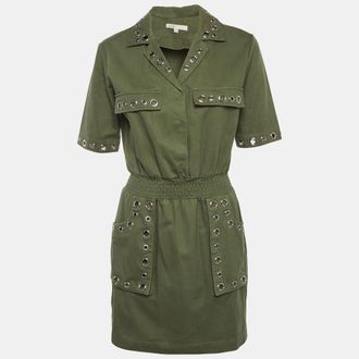 Maje Olive Green Denim Eyelet Detail Ramil Mini Dress