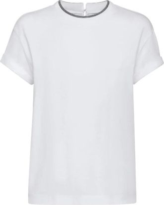 Brunello Cucinelli T-shirt met contrasterende rand en ronde hals - Dames - T-shirts - Wit - L - Katoen - Tops