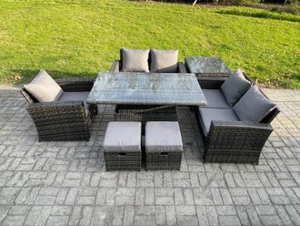 Fimous 7pcs Rattan Outdoor Garden Furniture Set Height Adjustable Rising Lifting Table Sofa Dining Set with Side Table 2 Small Footstools in Dark Grey