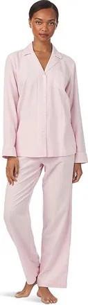 Lauren Ralph Lauren Woven Long Sleeve Notch Collar Long Pant Pajama Set Womens Pajama Sets Pink Stripe 1 : LG (US 12-14), Cotton/Viscose
