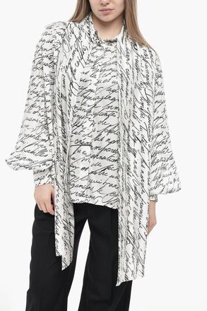 Balmain Blusa Tie Neck in Satin Motivo Signature Balmain