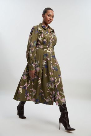 Karen Millen Womens Plus Size Floral Print Cotton Sateen Woven Midi Shirt Dress - Khaki - Size 20 UK